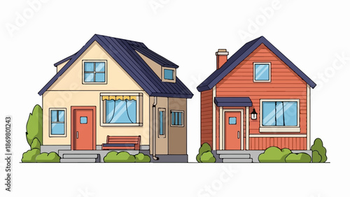 Two cartoon houses, one beige with a dormer and bench, the other red with a chimney