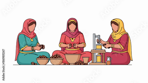 Three women in traditional attire process nuts using a press and containers