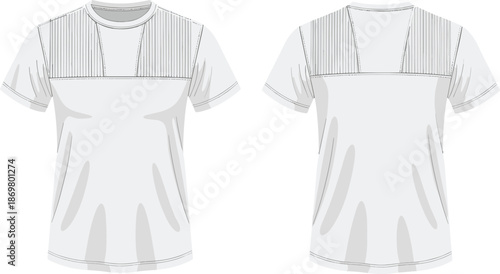 T-shirt sketch, pin-tuck pleats, yoke detail, horizontal seam, fashion flat, garment design, clothing template, apparel illustration, vector outline, structured style