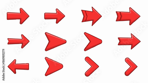 Twelve red arrows pointing in various directions, some with double-pointed heads or notched tails