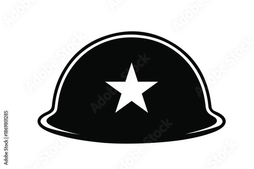 Army helmet silhouette with star symbol representing military, soldier, and defense concept isolated on transparent background.