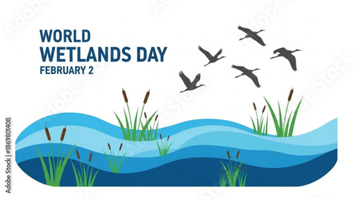 World wetlands day february 2 illustration with flying birds and aquatic plants in a wavy blue landscape