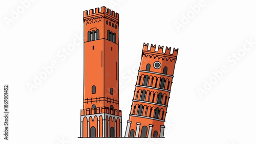 Two animated brick towers, one leaning, sit against a white background