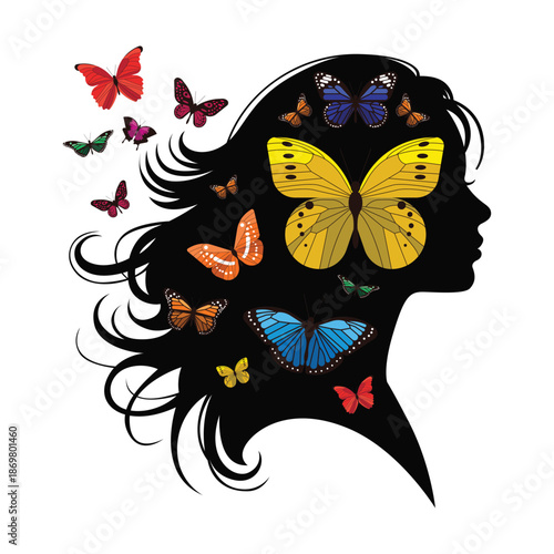 Woman Silhouette with Colorful Butterflies in Hair, Feminine Nature Concept Vector Illustration