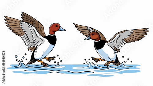 Two animated ducks with brown heads splash in blue water