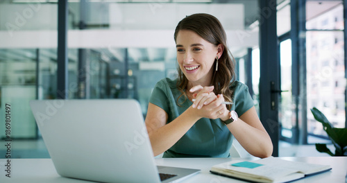 Fotografie Laptop, happy woman or communication for business webinar, virtual training or productivity lecture