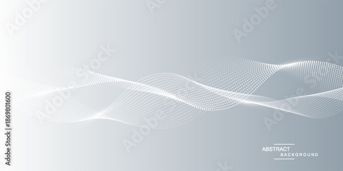 Gray and white abstract background with flowing particles. Digital future technology concept.