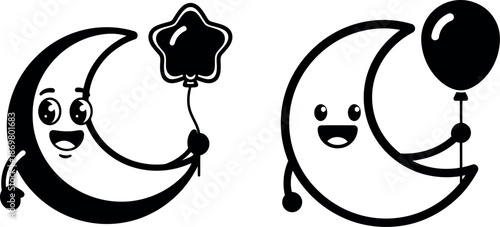 Cute cartoon moon with balloons for eid celebration vector illustration isolated on transparent background