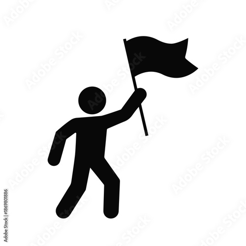 Human silhouette holding victory flag symbolizing success, achievement, freedom, and celebration on transparent background.