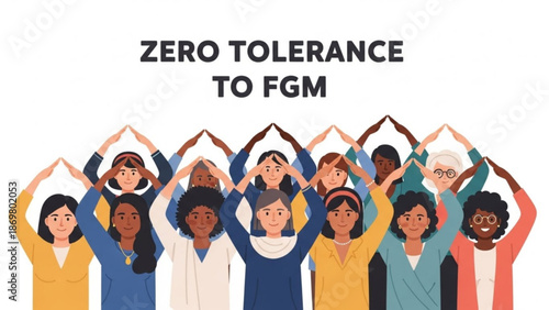 Diverse group of women with hands up in solidarity against female genital mutilation on white background