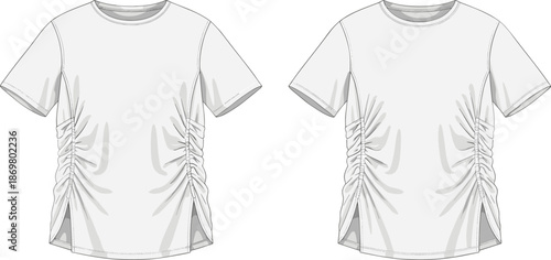 T-shirt sketch, side ruching, gathered seams, fitted style, fashion flat, garment design, clothing template, apparel illustration, vector outline, casual wear