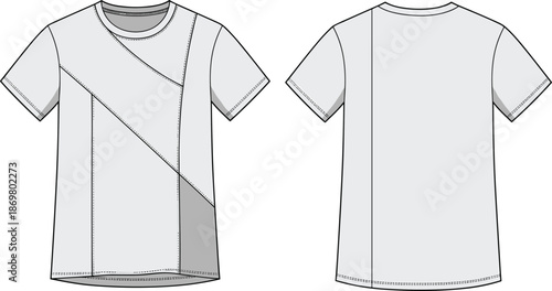 T-shirt sketch, striped sleeves, fashion flat, technical drawing, front back view, garment template, clothing outline, apparel design, vector illustration, construction detail