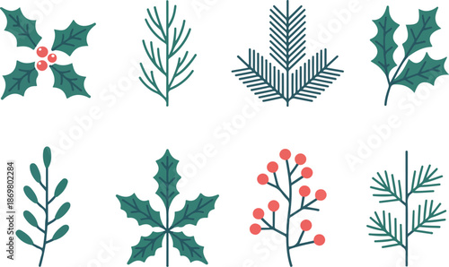Christmas Foliage Outline Icon Set Holly, Pine, and Winter Branches