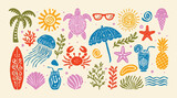 Summer doodle icon set with hand drawn tropical elements including sun, palm tree, jellyfish, turtle, surfboard, cocktail, swimsuit, coral and sea creatures, vacation symbol vector illustration pack