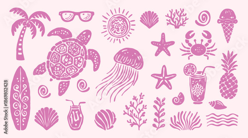 Summer doodle icon set with hand drawn tropical elements including sun, palm tree, jellyfish, turtle, surfboard, cocktail, swimsuit, coral and sea creatures, vacation symbol vector illustration pack