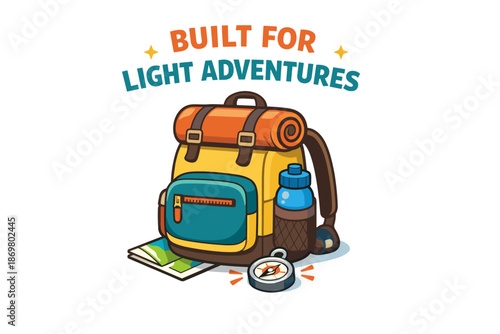 Colorful backpack with camping gear ready for light adventures