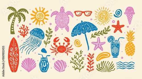 Summer doodle icon set with hand drawn tropical elements including sun, palm tree, jellyfish, turtle, surfboard, cocktail, swimsuit, coral and sea creatures, vacation symbol vector illustration pack