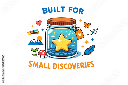Colorful jar of discoveries with star and nature elements