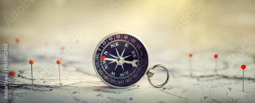 Compass  and location marking with a pin on routes on world map. Adventure, discovery, navigation, communication, logistics, geography, transport and travel theme concept background.  © Tryfonov