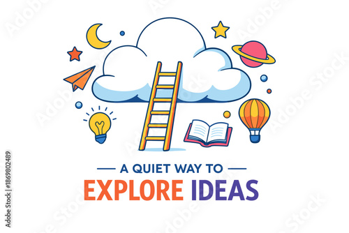 Imaginative journey: ladder to creativity with cloud and dream symbols