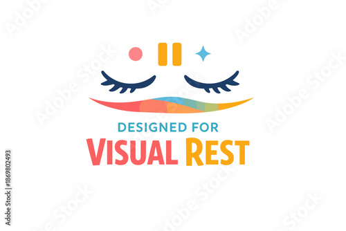 Minimalistic sleep icon with colorful eye and text 'designed for visual rest'