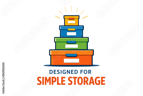 Colorful stack of storage boxes with labels for organization