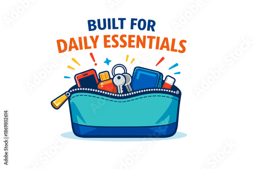 Colorful bag filled with daily essentials: keys, wallet, phone, and more