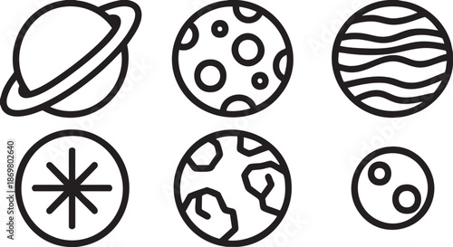 Collection of six stylized planet with rings craters stripes and geometric patterns space symbol