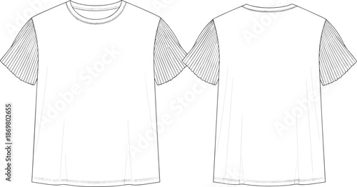 T-shirt sketch, striped sleeves, round neck, fashion flat, technical drawing, garment template, clothing outline, apparel design, vector illustration, casual style