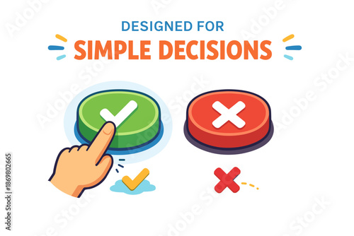 Decision making: green check and red cross buttons with hand icon