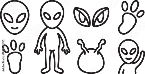 Set of simple line alien and paw prints on white background extraterrestrial creature face head