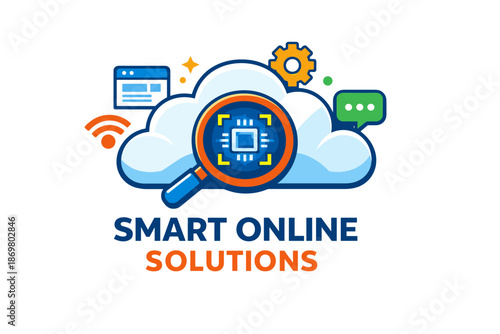 Cloud-based smart online solutions with integrated technology icons