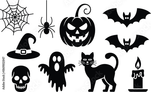 Collection Of Halloween Silhouette Icons Including Spooky Pumpkin Ghost Bat Skull And Black Cat Vector Set.