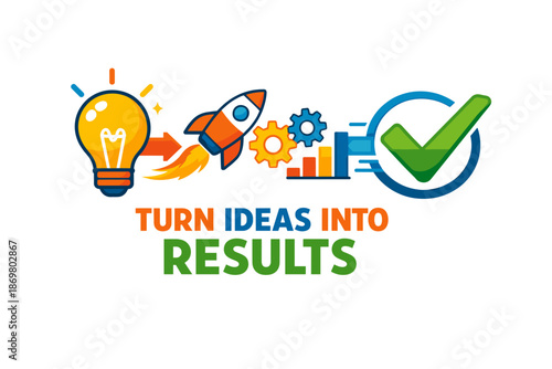 Transformative innovation process with lightbulb, rocket, gear, graph, and checkmark icons