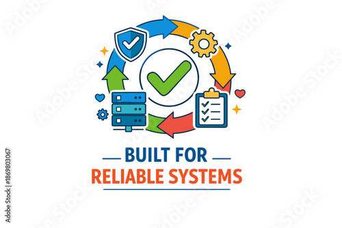 Reliable systems infographic with checklist and gears symbolizing efficiency and security