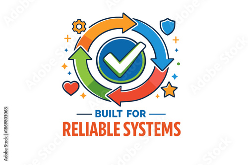 Built for reliable systems emblem with arrows and checkmark