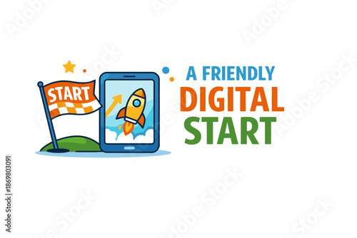 Digital start with rocket launch and start flag illustration