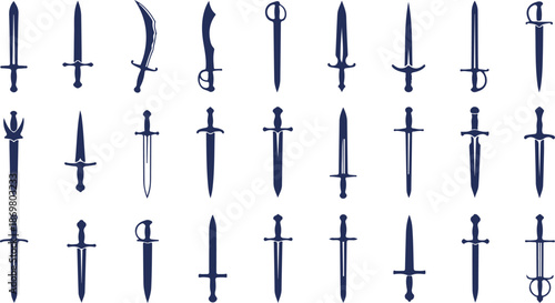 A collection of various medieval swords and daggers on a white background