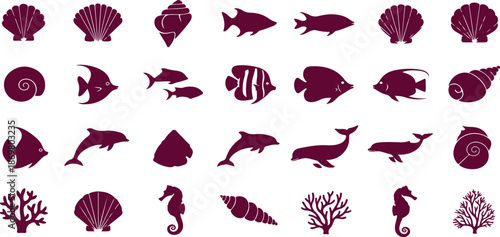 A collection of ocean creatures and shells in purple silhouette on a white background