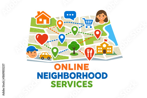 Online neighborhood services map with icons and diverse people