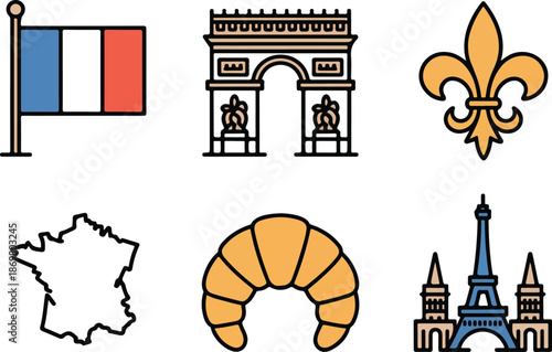 France National Symbol Outline Icon Set  Flag, Landmark, and Country Elements