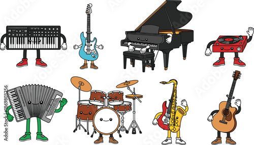 Cute cartoon musical instrument characters set featuring piano drums guitar saxophone accordion keyboard and turntable icons for kids education music festival poster design.