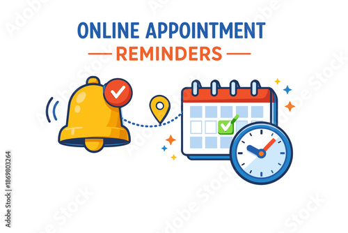Online appointment reminders with bell, calendar, and clock icons