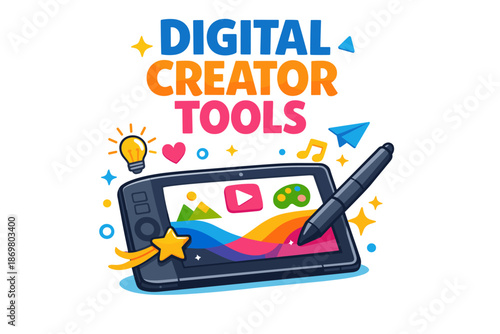 Digital creator tools - stylus, tablet, and creative icons for innovative design