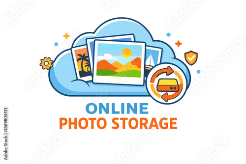 Online photo storage icon with cloud, tropical photos, and security symbols