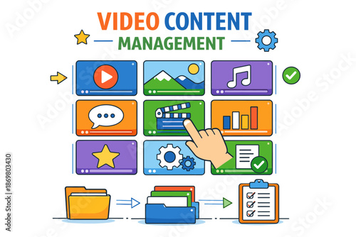 Illustrated video content management concept with multimedia icons and elements