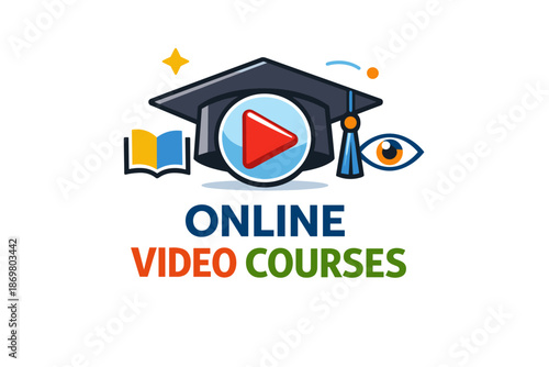 Online video courses icon with graduation cap, open book, and play button