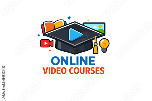 Online video courses icon with graduation cap and learning tools