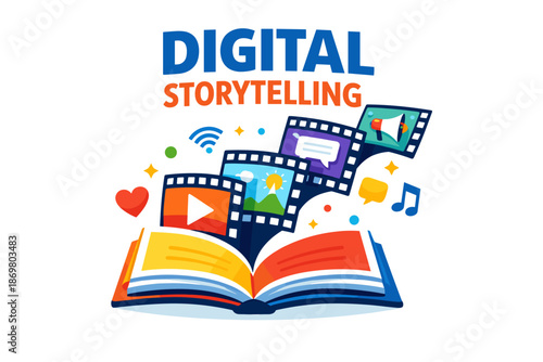 Digital storytelling: open book with multimedia icons and film strips