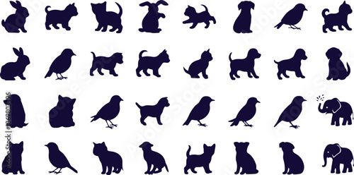 A collection of animal silhouettes including dogs, cats, birds, and other creatures on a white background